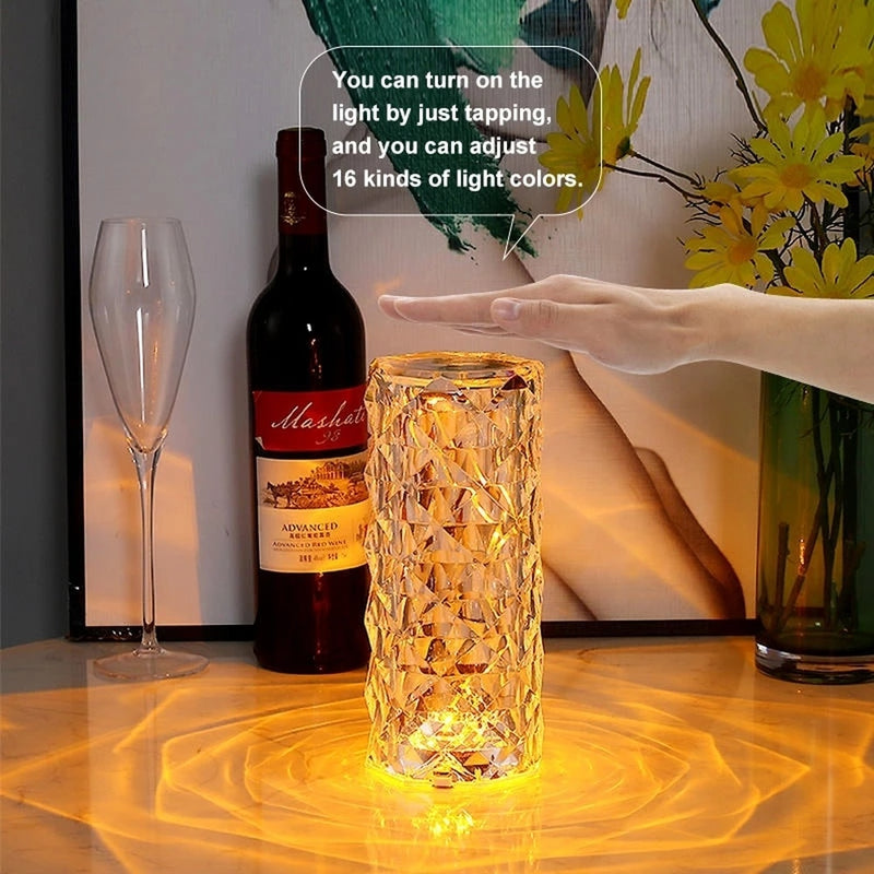 LED Crystal Table Lamp Rose Light Projector 3/16 Colors Touch Adjustable Romantic Diamond Atmosphere Light